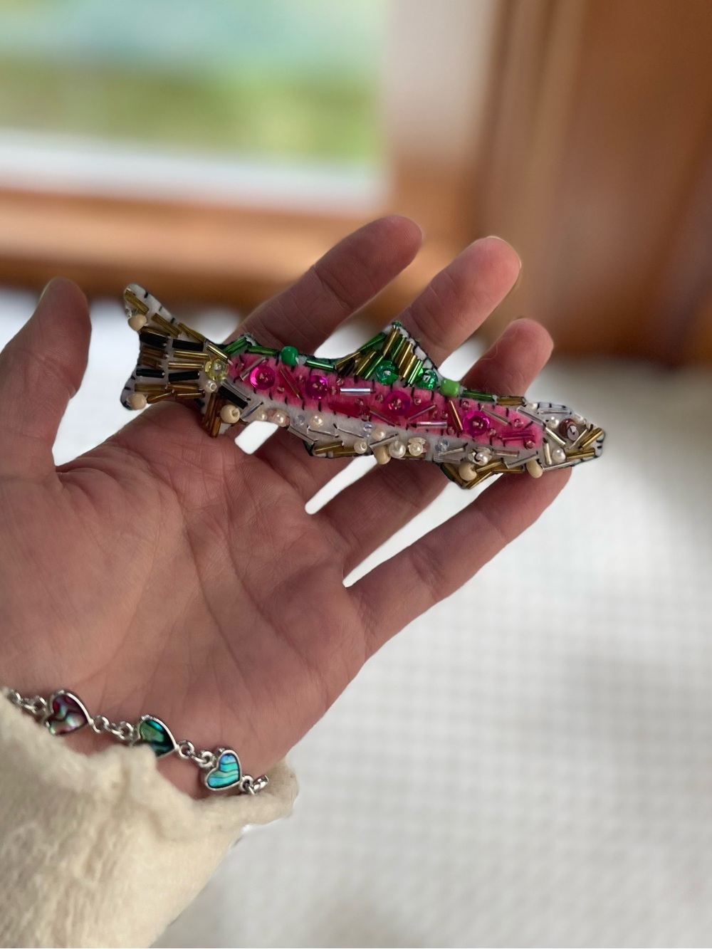 Handcrafted Beaded Felt Pink and Green Fish Christmas ornament